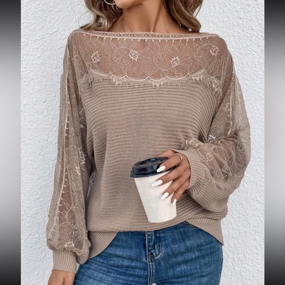 Comfy Elegant Sheer Mesh Lace Boat Neck Batwing Sleeve Sweater Top - Picture 5 of 6